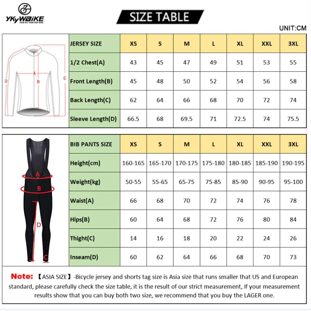 YKYW Men’s Cycling Jersey Set Winter 10-20℃ Thermal Fleece Long Sleeves MTB Cycling Jersey Jackets and 5H Pro Tight Cycling Bib Long Pants with 3 Pockets 4 Perfect Combinations