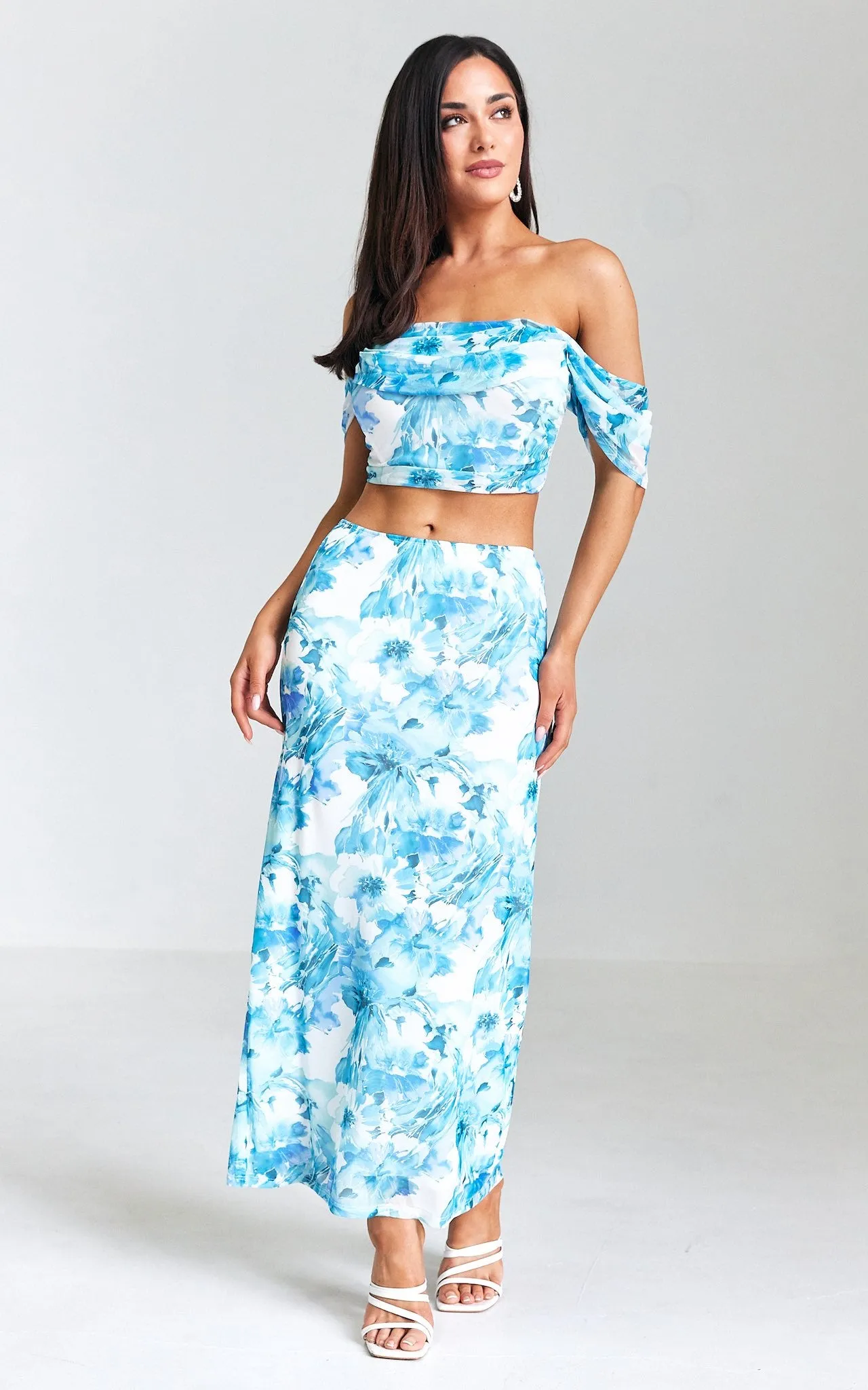 Yoko Mesh Maxi Skirt - Blue Floral